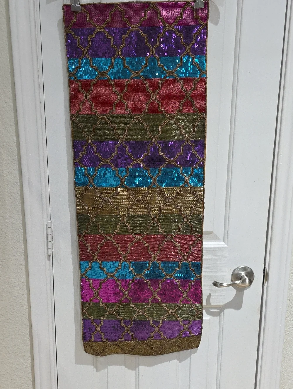 Pier 1 Striped Multicolor Sequin Table Runner with Gold Bead Lattice